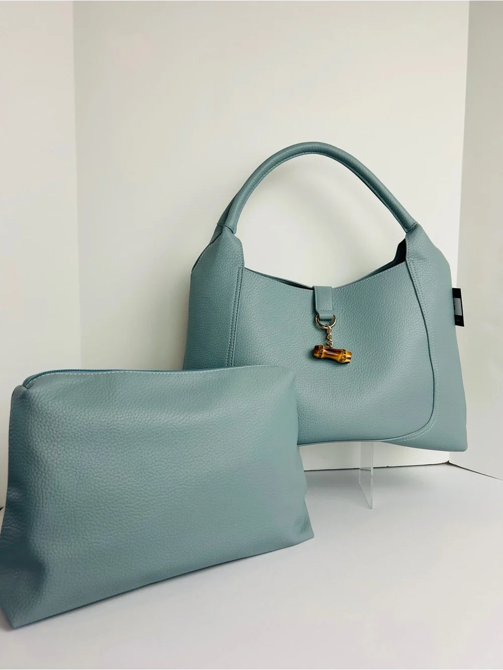 BC Bags Women's Handbag PU Pebbled Light Blue Removable Pouch Double Handle NWT